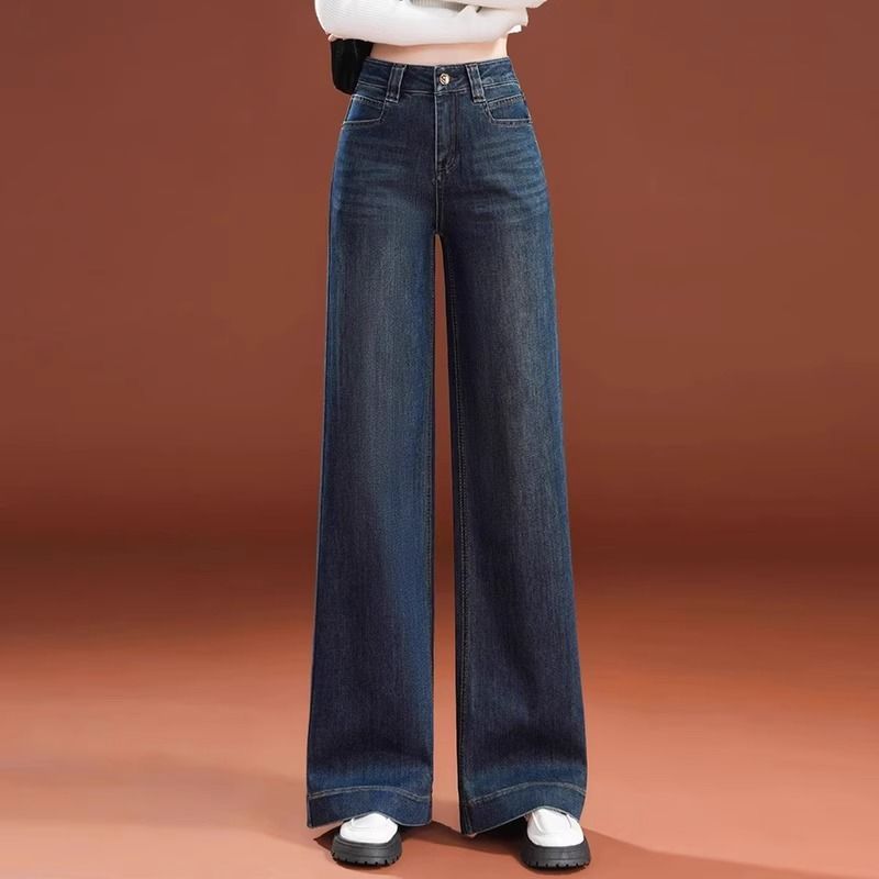 复古大脚牛仔阔腿裤女2025春秋新款弹力宽松高腰显瘦筒喇裤拖地裤