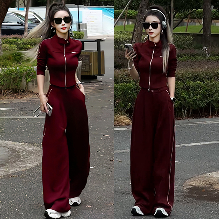 美式红色休闲运动套装女春秋新款百搭立领短款外套阔腿长裤两件套