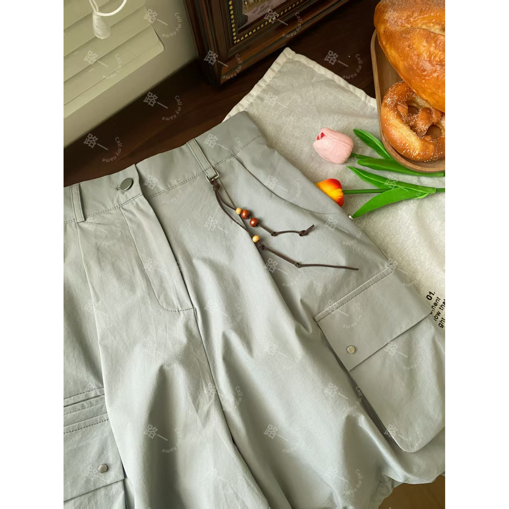 韩国代购.Call my name茉莉奶绿 工装五分裤L25062148