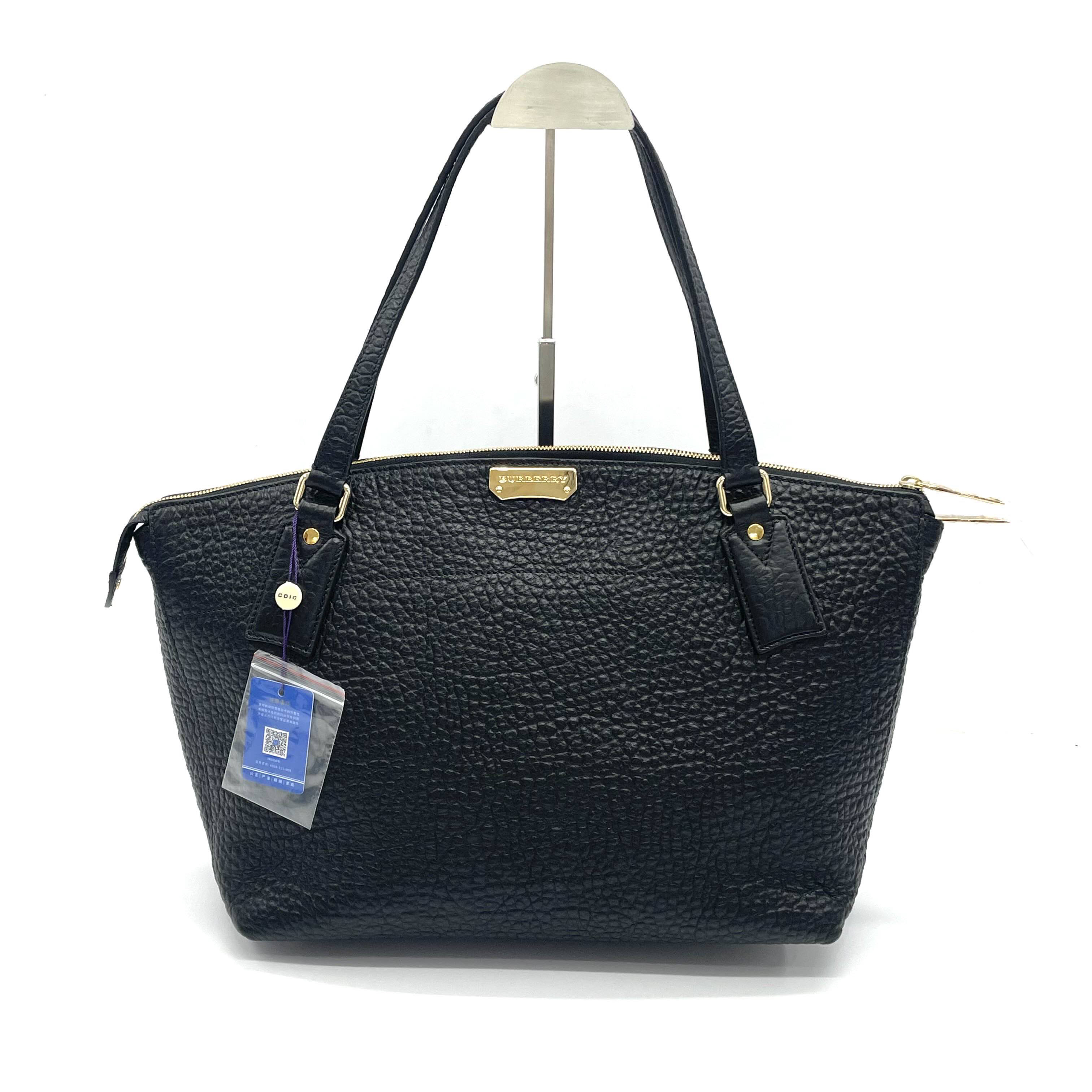 99新 BURBERRY/博柏利 黑色压纹托特手提腋下包 