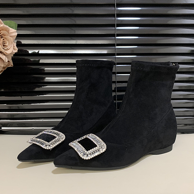 气质黑色尖头瘦瘦靴增高矮筒女靴百搭新款水钻法式绒面弹力短靴女