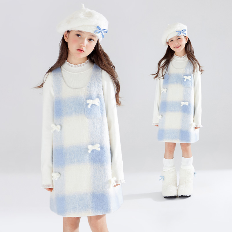 【圣诞新年+软糯毛绒】蓝白格纹呢子女童背心裙洋气连衣裙舞台礼服