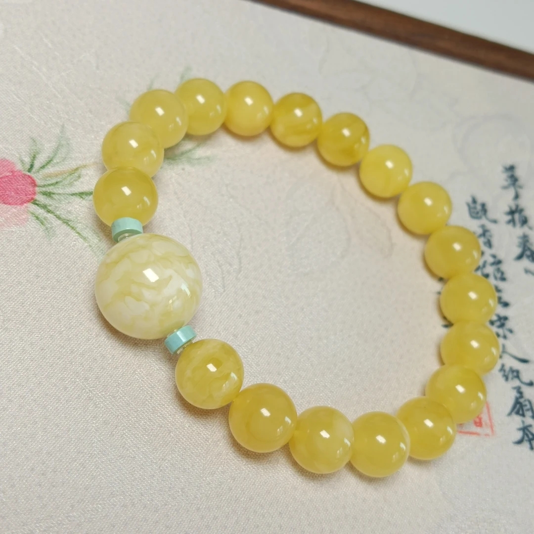 diy蜜蜡手串~9+暴力鸡油黄配15瓷白顶珠~原矿俄料~0017