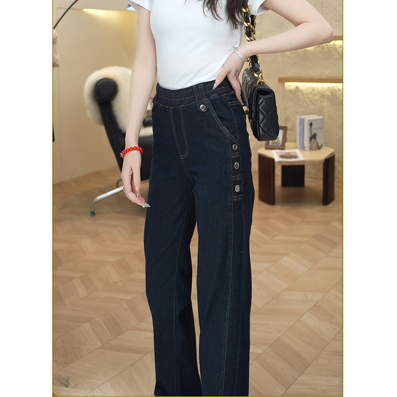 春季高腰弹力牛仔裤女2025春秋新款松紧腰直筒裤宽松裤子70042