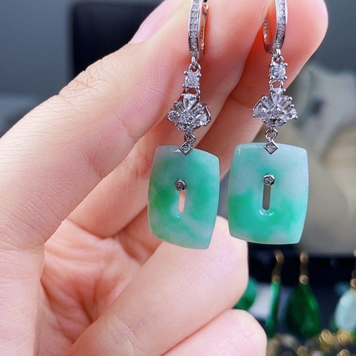 翡翠耳饰银S925镶嵌饰品