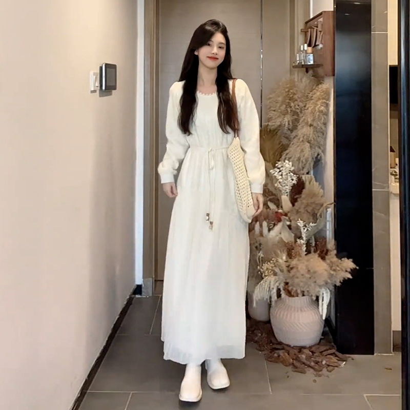 【现货+运补5米】法式高级感白色秋冬季小个子初秋内搭打底长裙9553