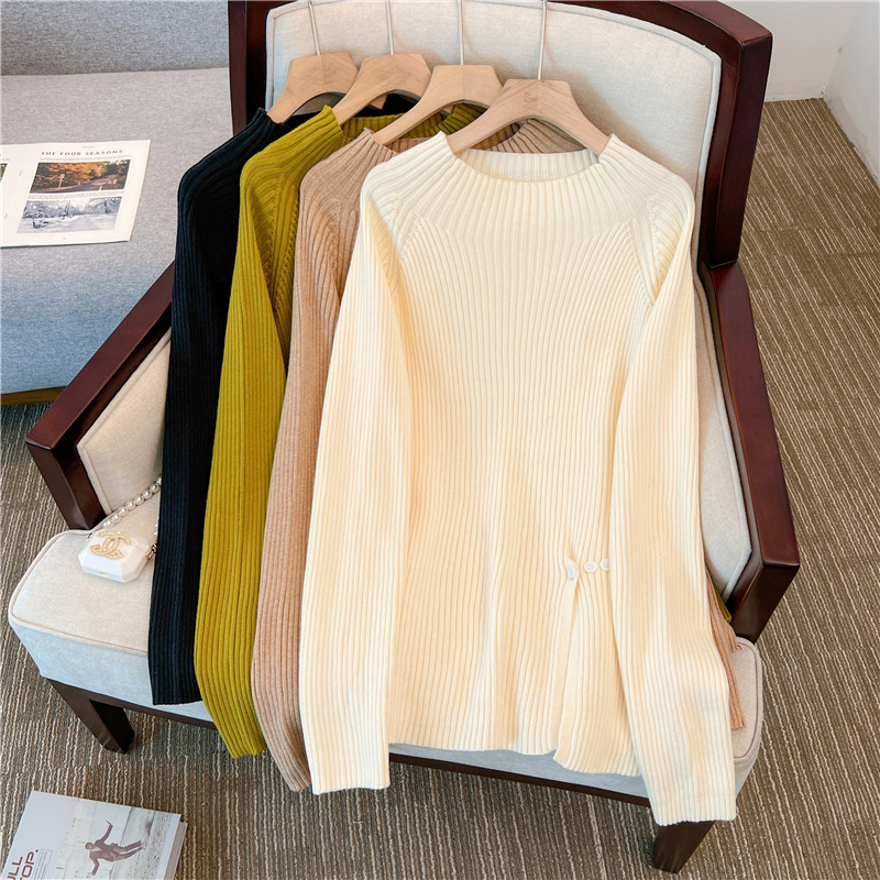 大码女装新款半高领加厚针织胖mm打底衫侧开叉上衣-CL-6152