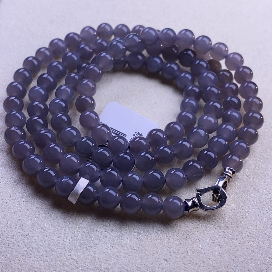 颈饰未镶嵌和田玉毕业级老坑料冰浓烟紫珠链6m