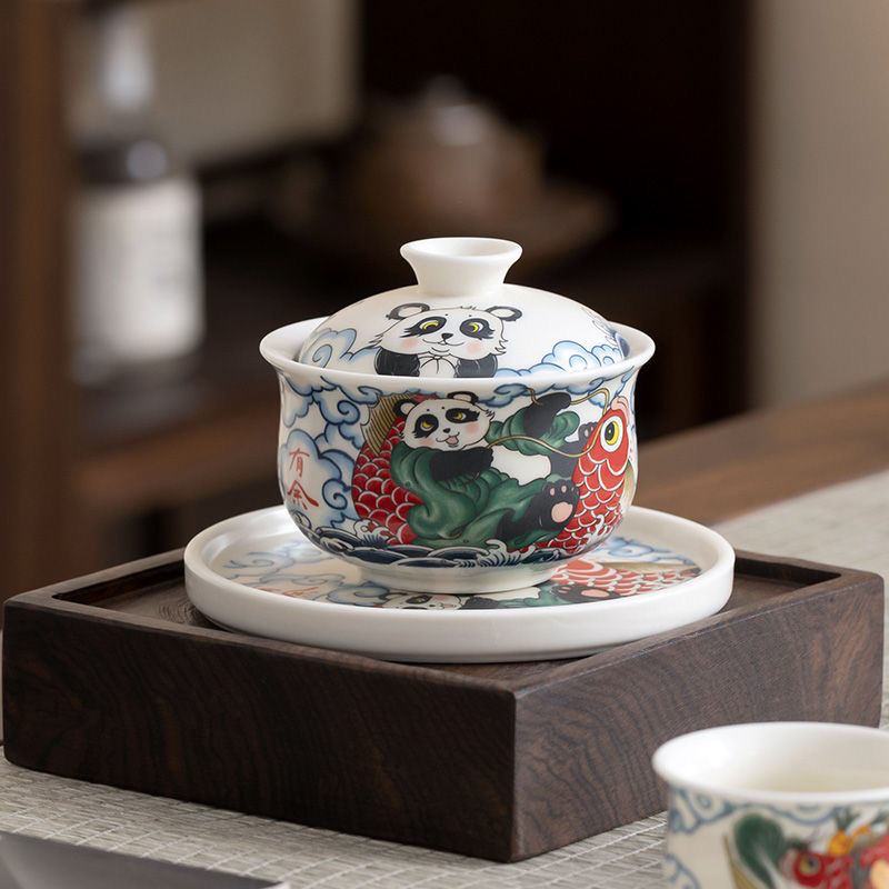 复古醒狮悬停三才盖碗陶瓷功夫茶具白瓷