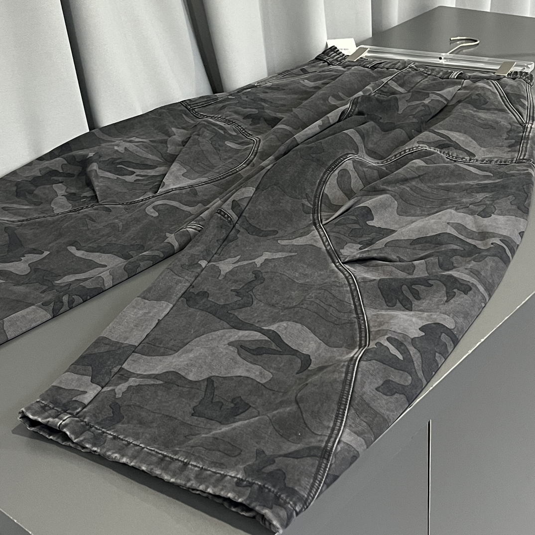 灰色迷彩裤 弯刀阔腿宽松加绒冬款牛仔裤中腰中性男款 松紧腰