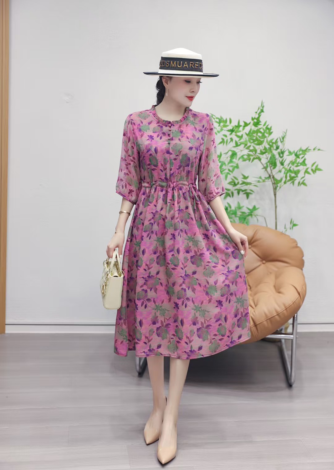 [小老弟】紫韵湖畔 女装修身裙收腰系带时尚五分复古短袖连衣裙