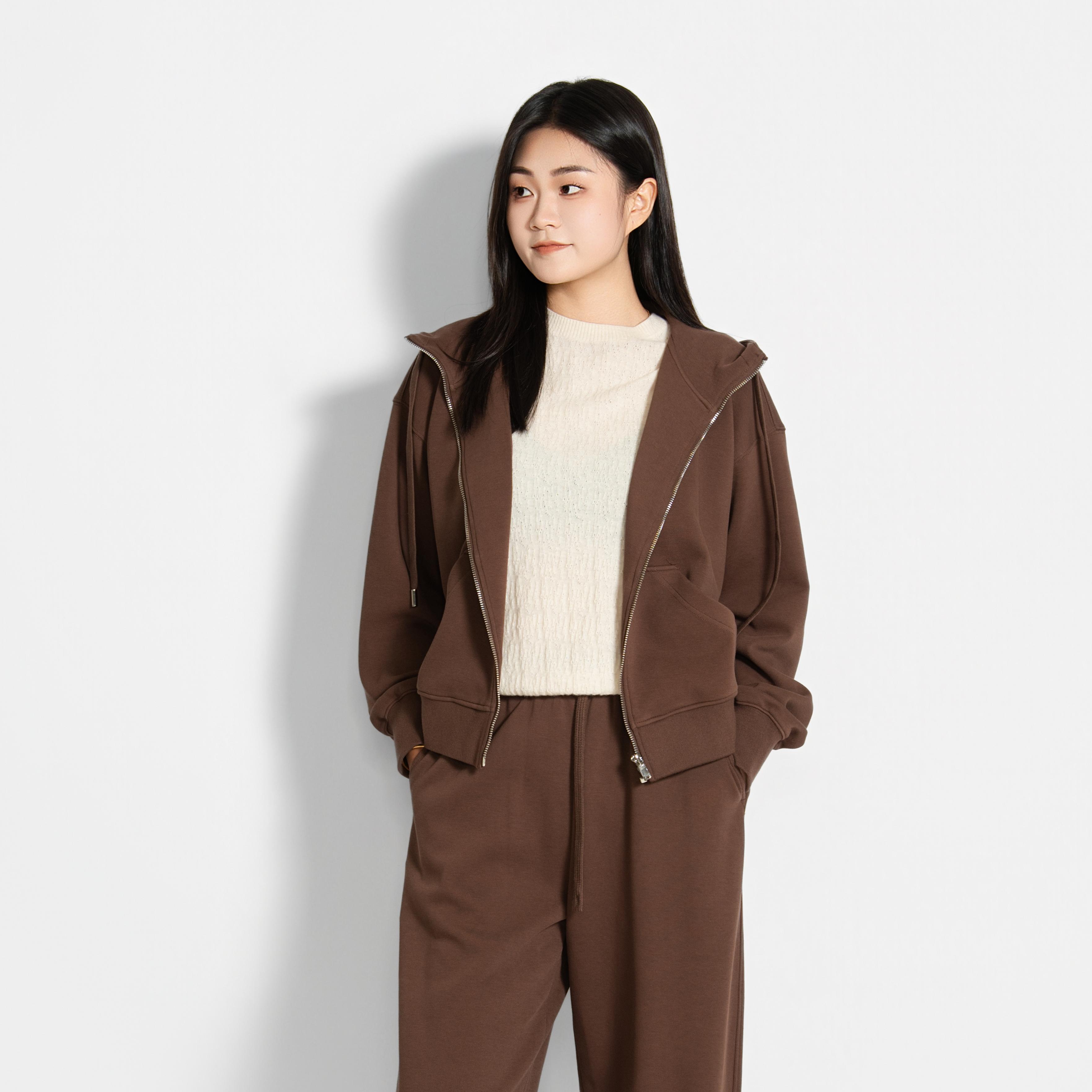 LINGZI/领姿 秋冬休闲简约纯色女士抽绳连帽拉链卫衣4101205