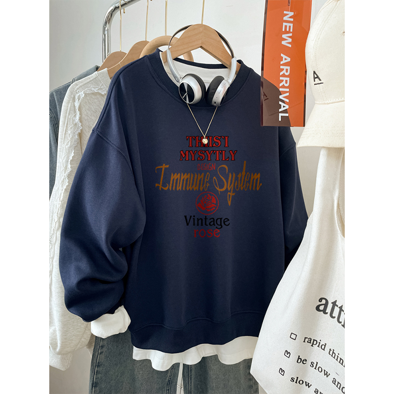 胖mm藏蓝色宽松200斤卫衣女2025秋冬新款大码韩系印花休闲上衣