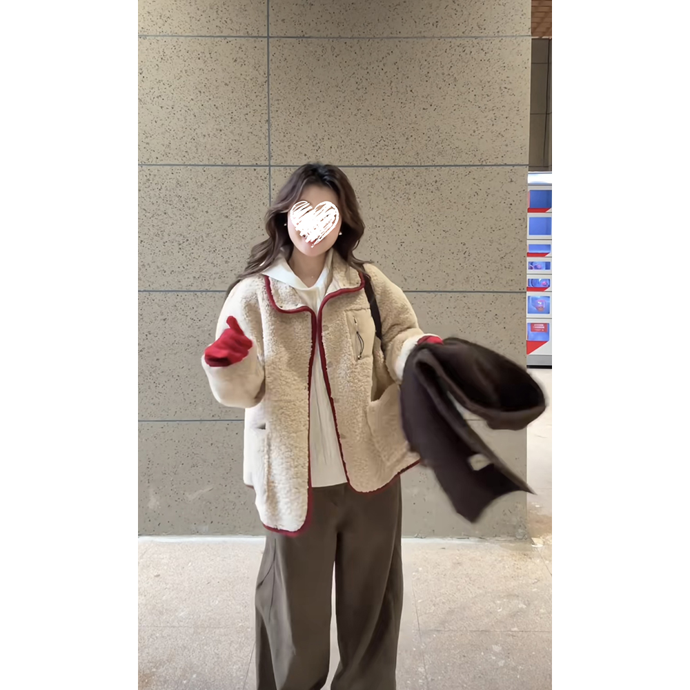 韩系翻领毛毛外套女冬季新款宽松保暖长袖上衣 61225