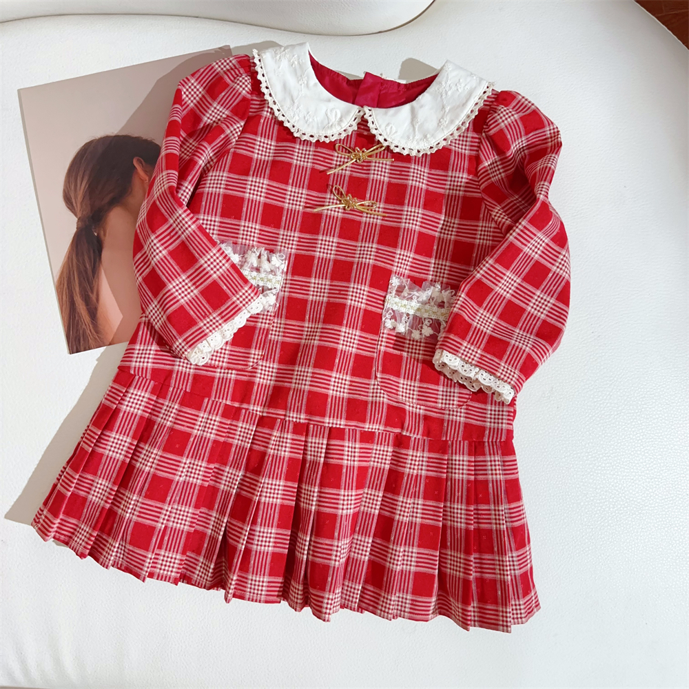 现货【红格连衣裙】6061女童连衣裙女宝娃娃领裙子女孩格子裙公主裙