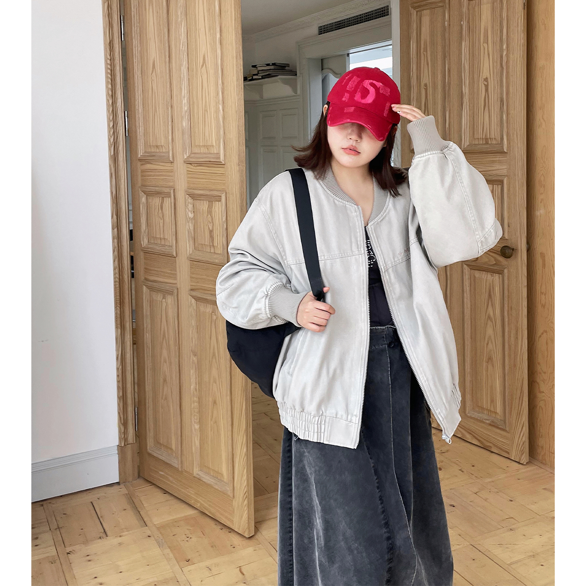 晶咕白标~美式复古风水彩牛仔球外套女早春大码休闲上衣