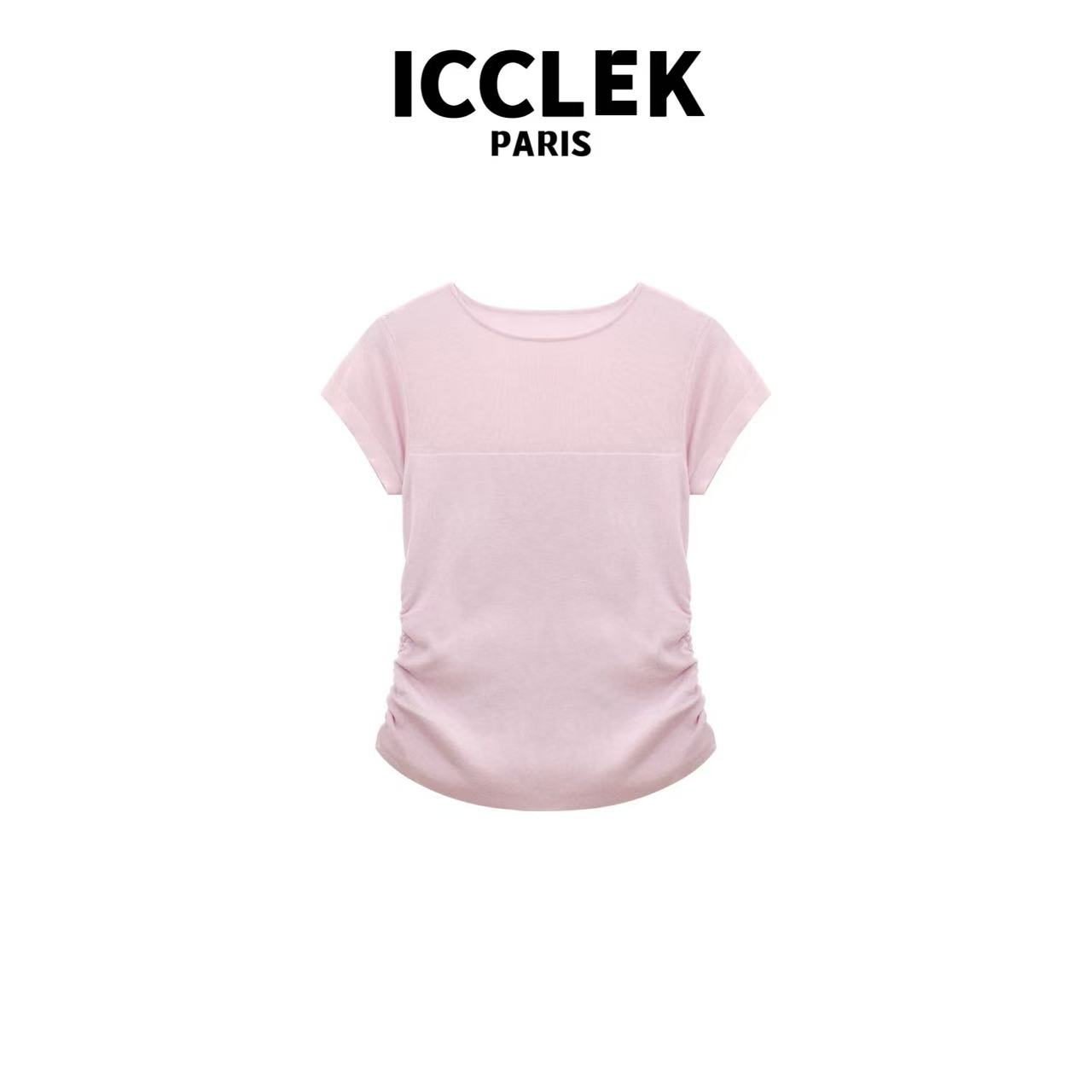 ICCLEK 粉色修身圆领飞袖针织短袖 甜美 -5590