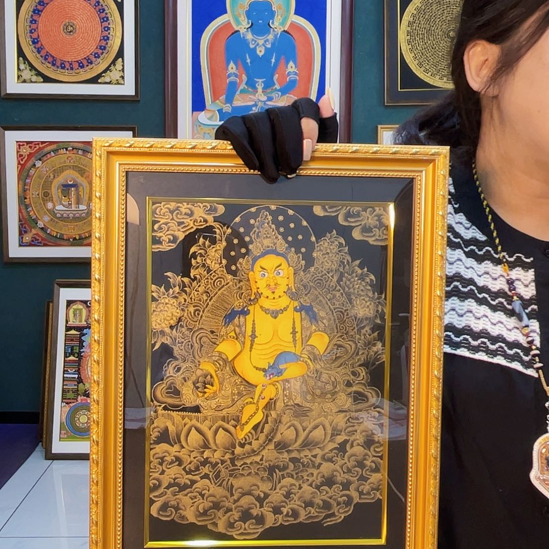 卷轴画手绘唐卡 黄财带框40*30厘米