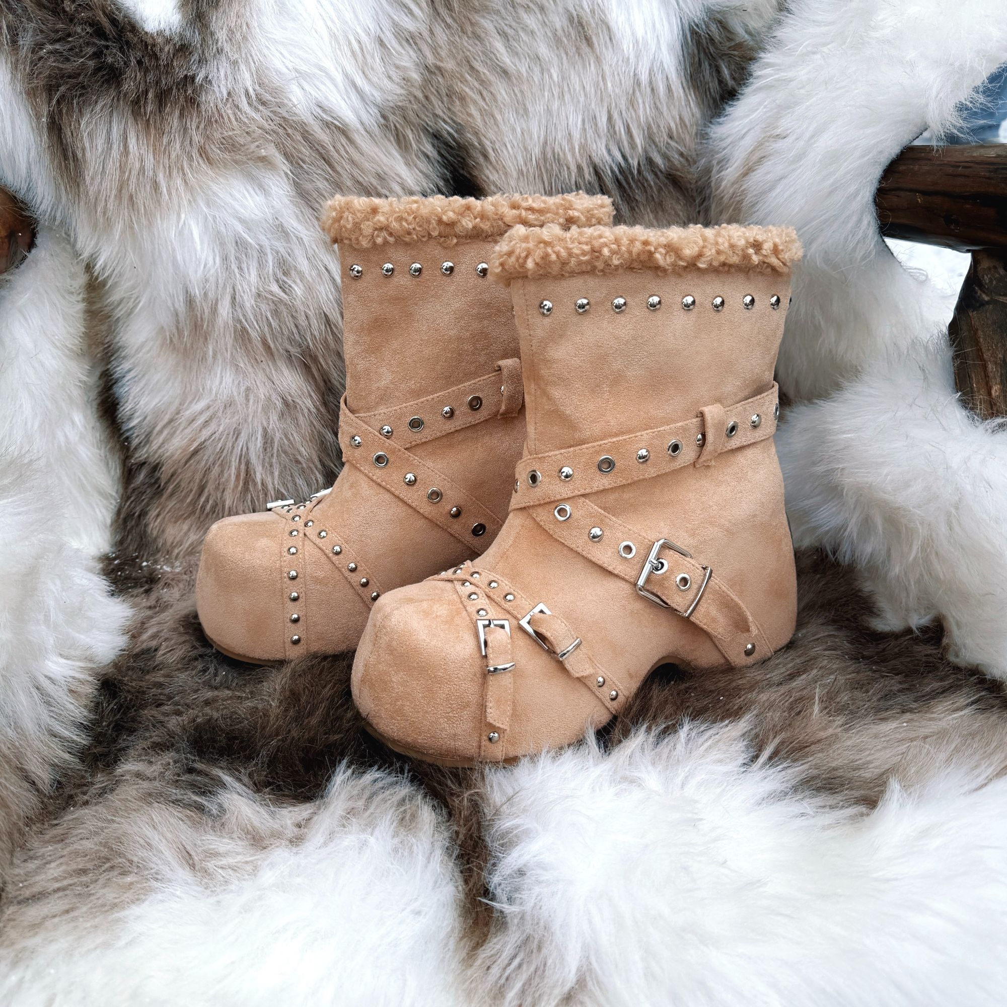 UNICORN BLOOD复古铆钉皮带扣厚底雪地靴新款秋冬内增高加绒勃肯