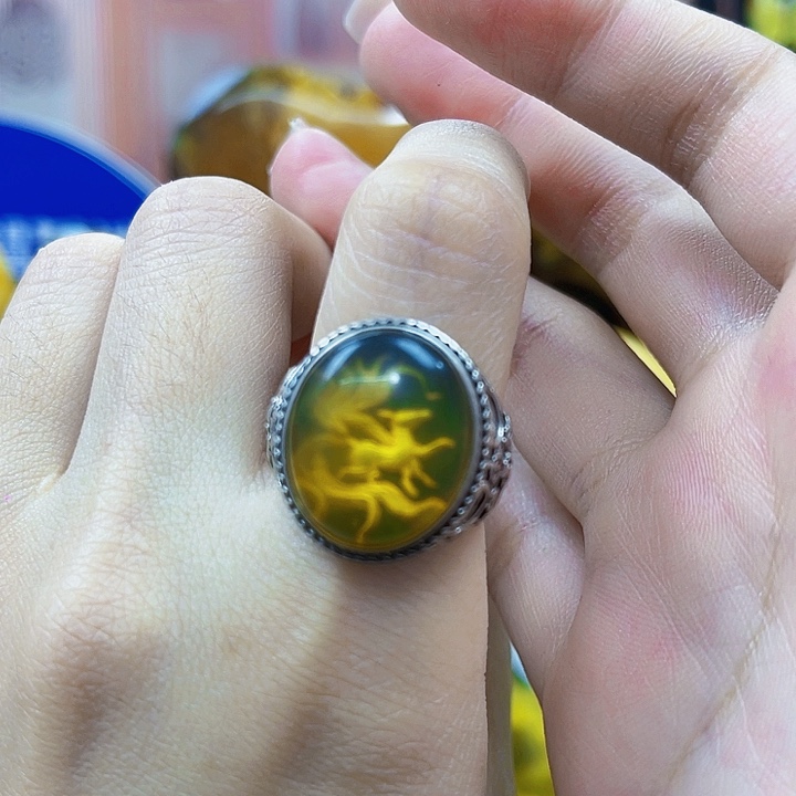 琥珀银S925镶嵌颈饰戒指