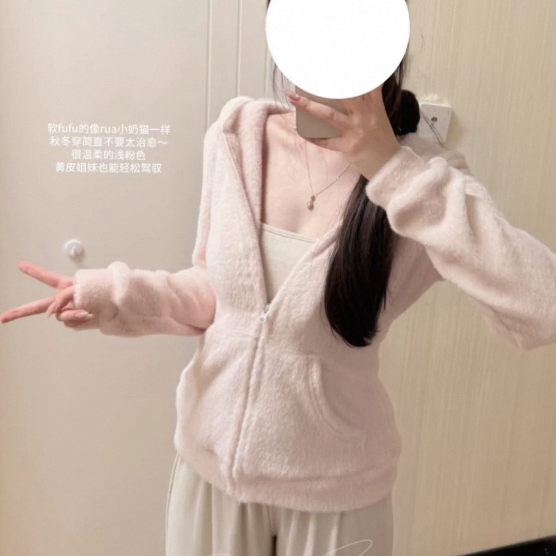 毛绒绒熊耳朵连帽卫衣外套女秋冬加厚修身小个子短款开衫上衣