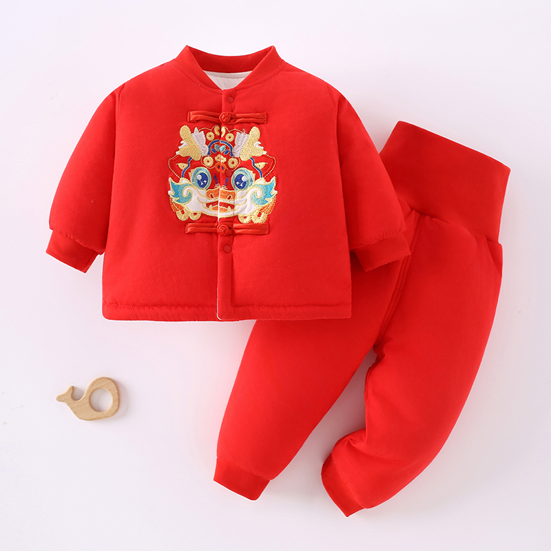 宝宝棉服秋冬季婴儿红色拜年服保暖棉衣棉袄新年分体套装周岁衣服