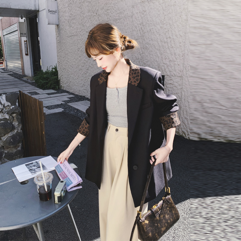 豹纹拼接西装外套女春秋款2025新款又酷又飒松弛感甜酷风显瘦西服