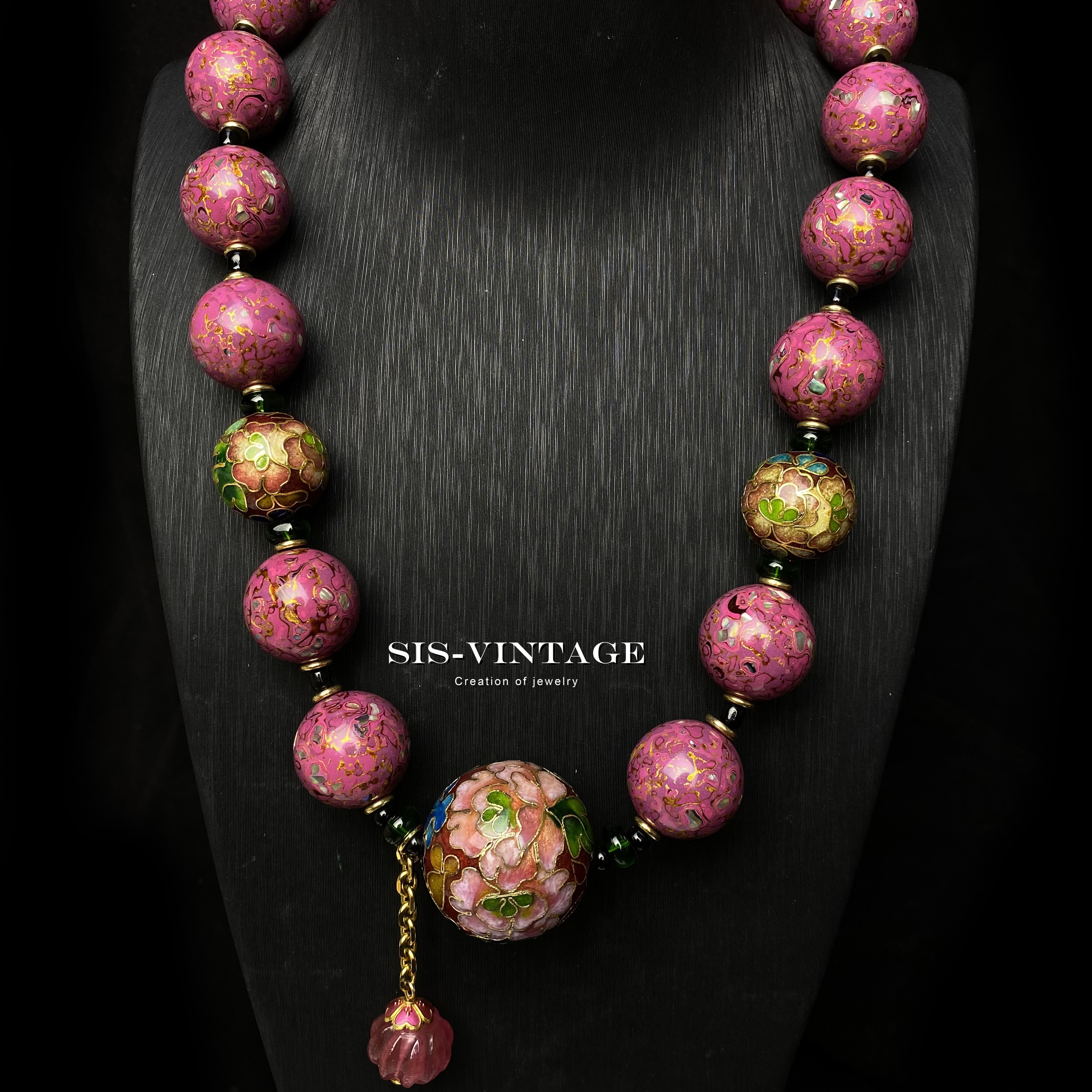 铜合金琉璃项链 桃花颜 卡25MM景泰蓝大漆珠链旗袍项链太太服项链