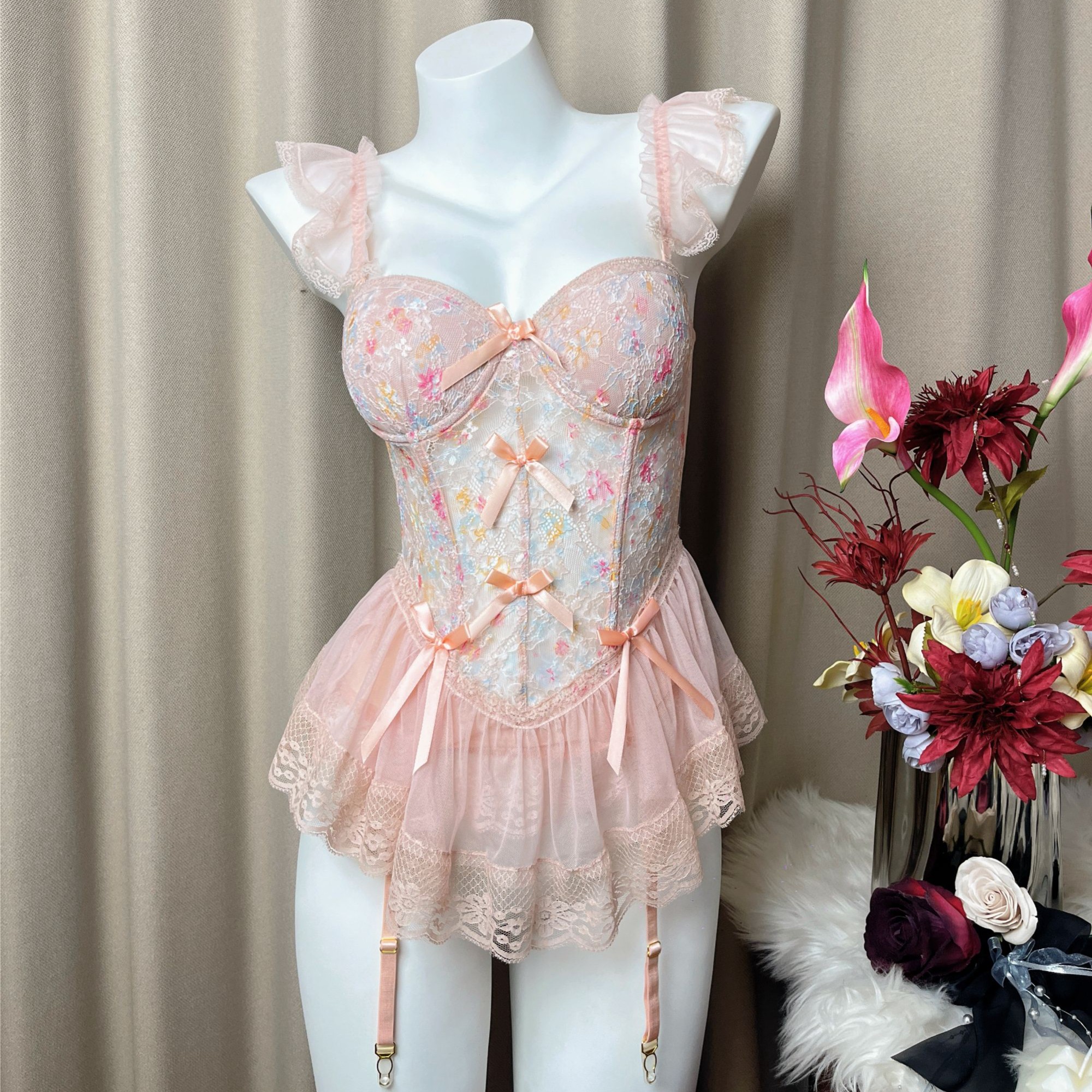 旋转Mua【80-145】微胖蕾丝吊带带钢圈显瘦性感睡裙女款秋冬新款