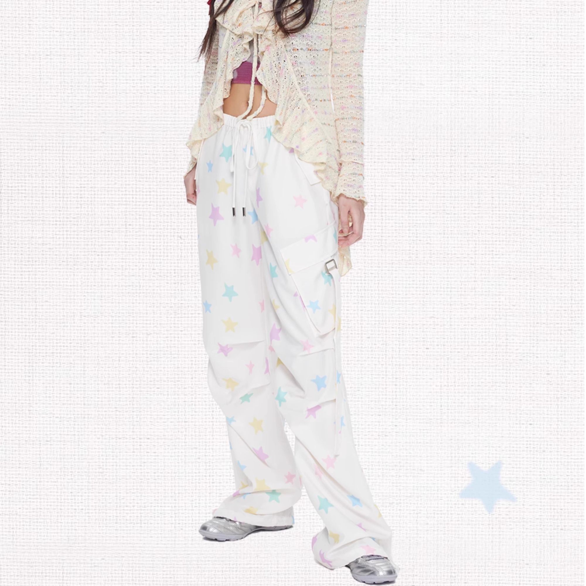 MOF礼物商店 彩色星星低腰抽绳美式大口袋工装裤遮胯显瘦裤子甜酷
