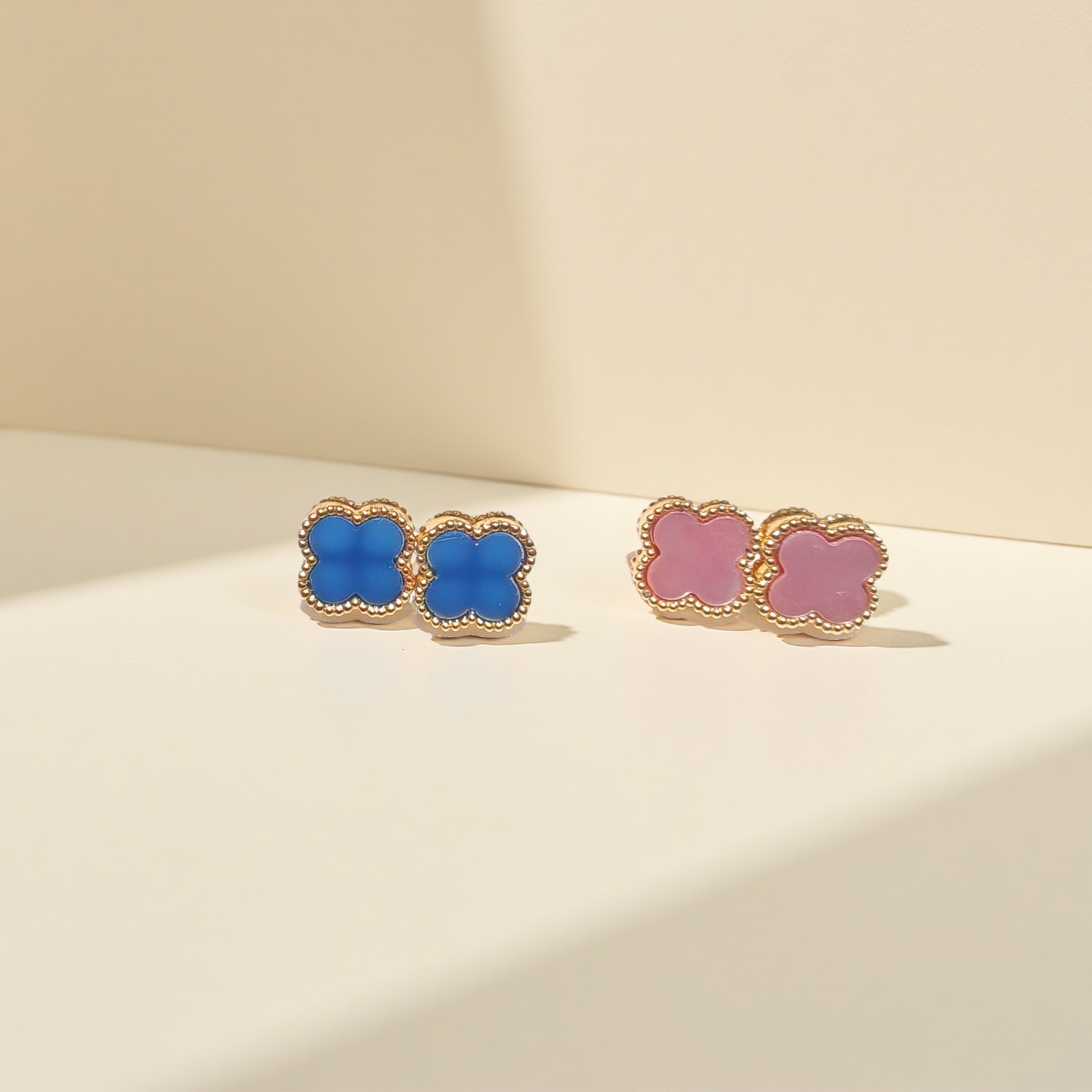 【XH】18K金粉/蓝色9.5mm幸运四叶草草耳钉合集（单只）（赠耳堵）