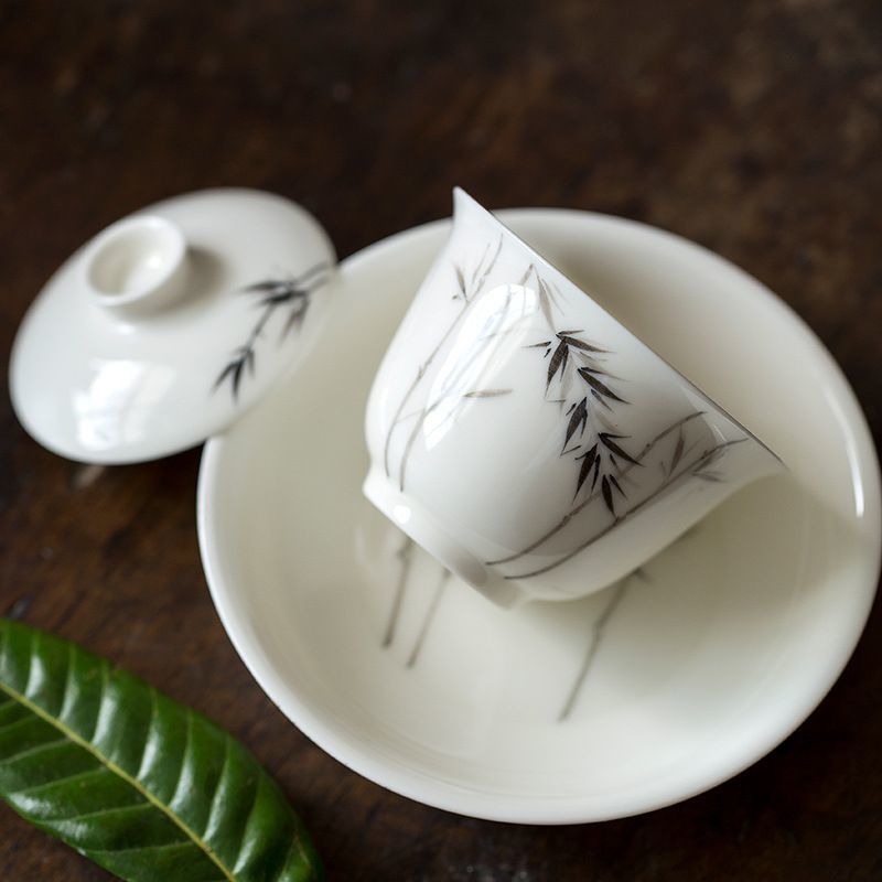 迷你雅致白瓷手绘墨竹整体茶具套装六杯款适合送礼盖碗玻璃分茶器