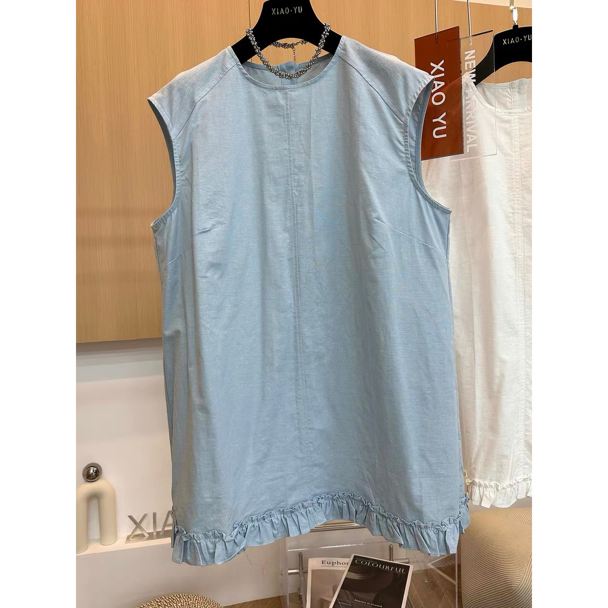 欧韩高端2025年夏季新款圆领木耳边中长款纯棉无袖T恤裙连衣裙女