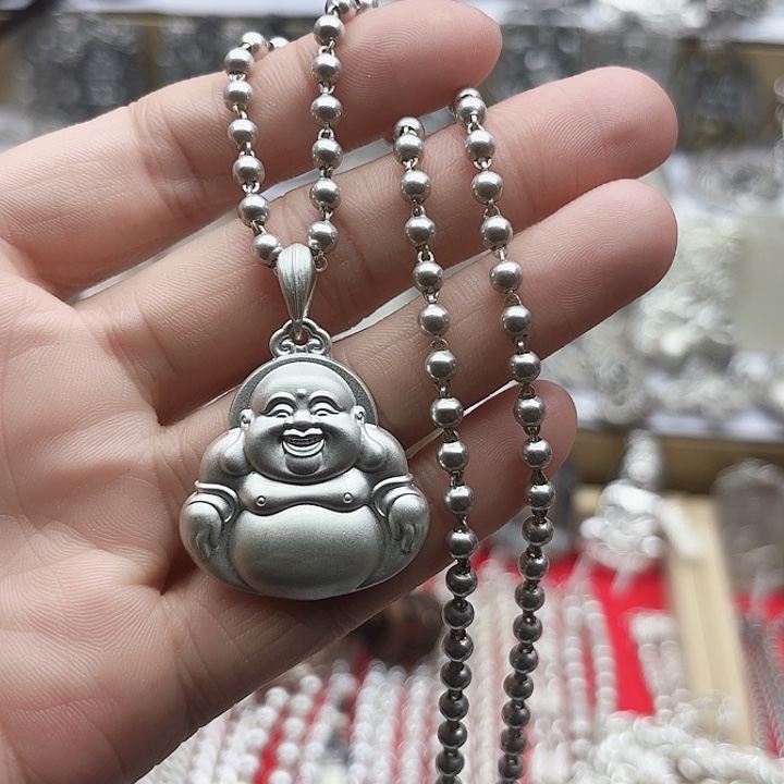 银实心佛吊坠珠珠项链