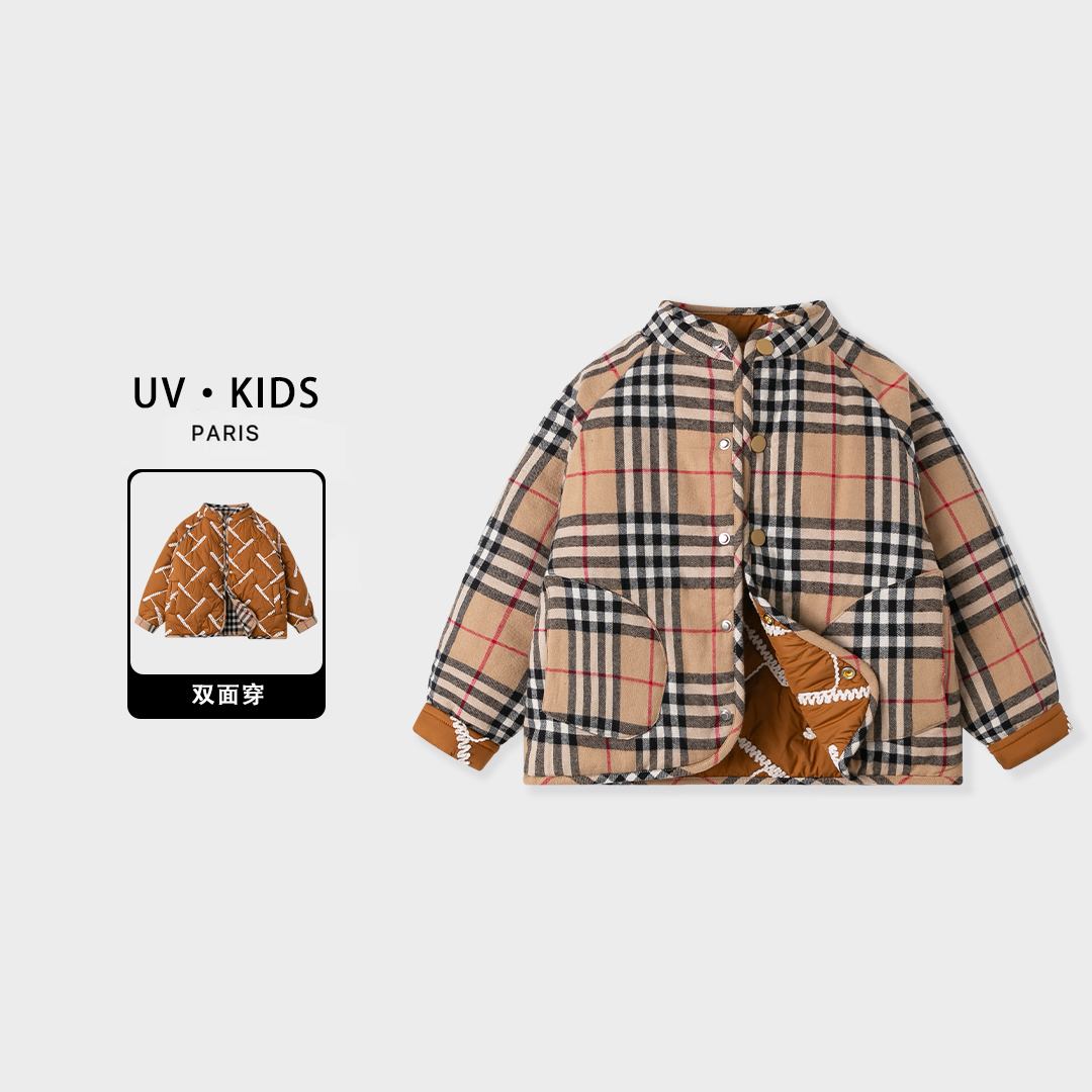 2025冬季儿童轻奢格纹尼龙连帽加绒加厚棉服中小童双面外套