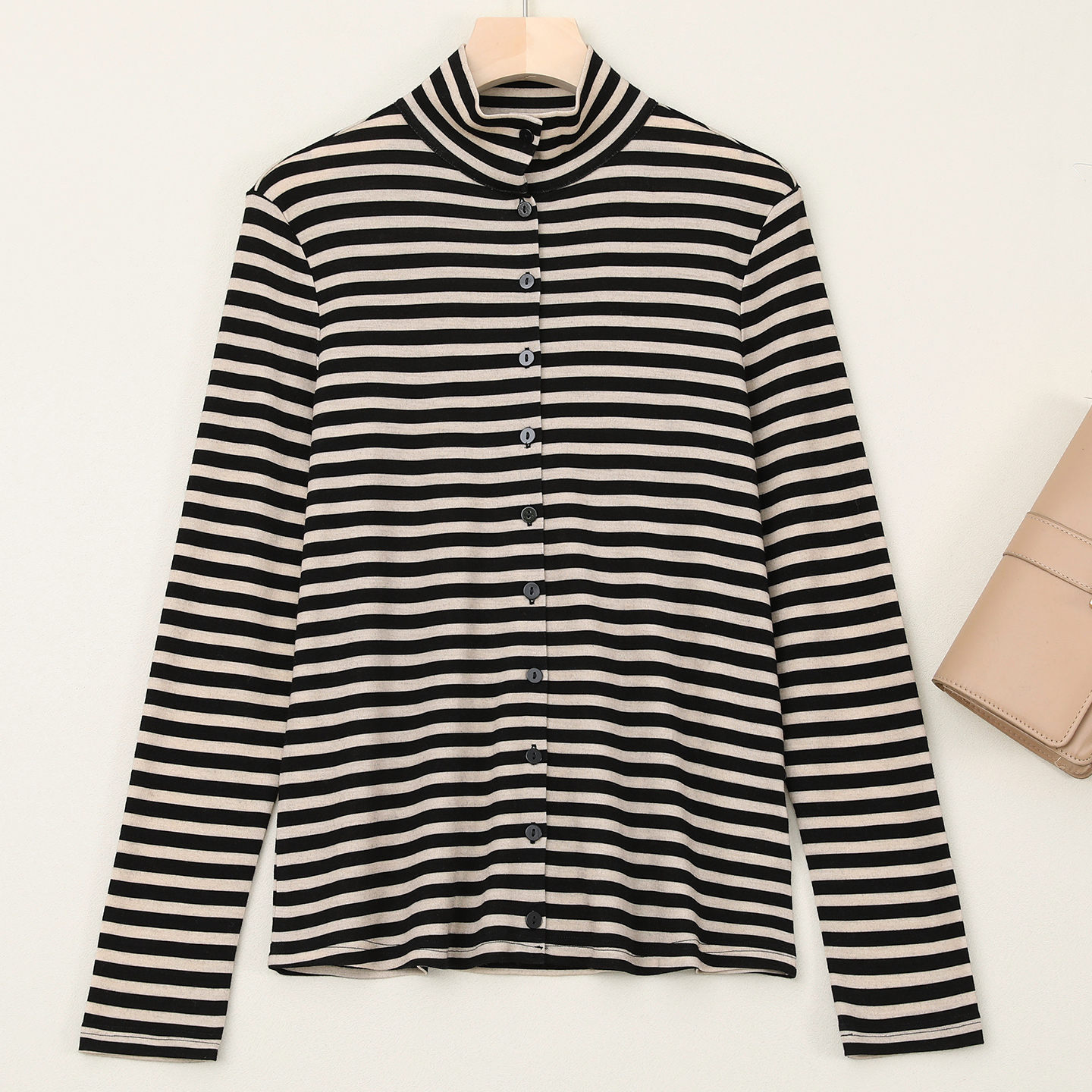 LANZIBES/蓝之蓓绵羊毛半高领条纹针织开衫宽松百搭外套C10467