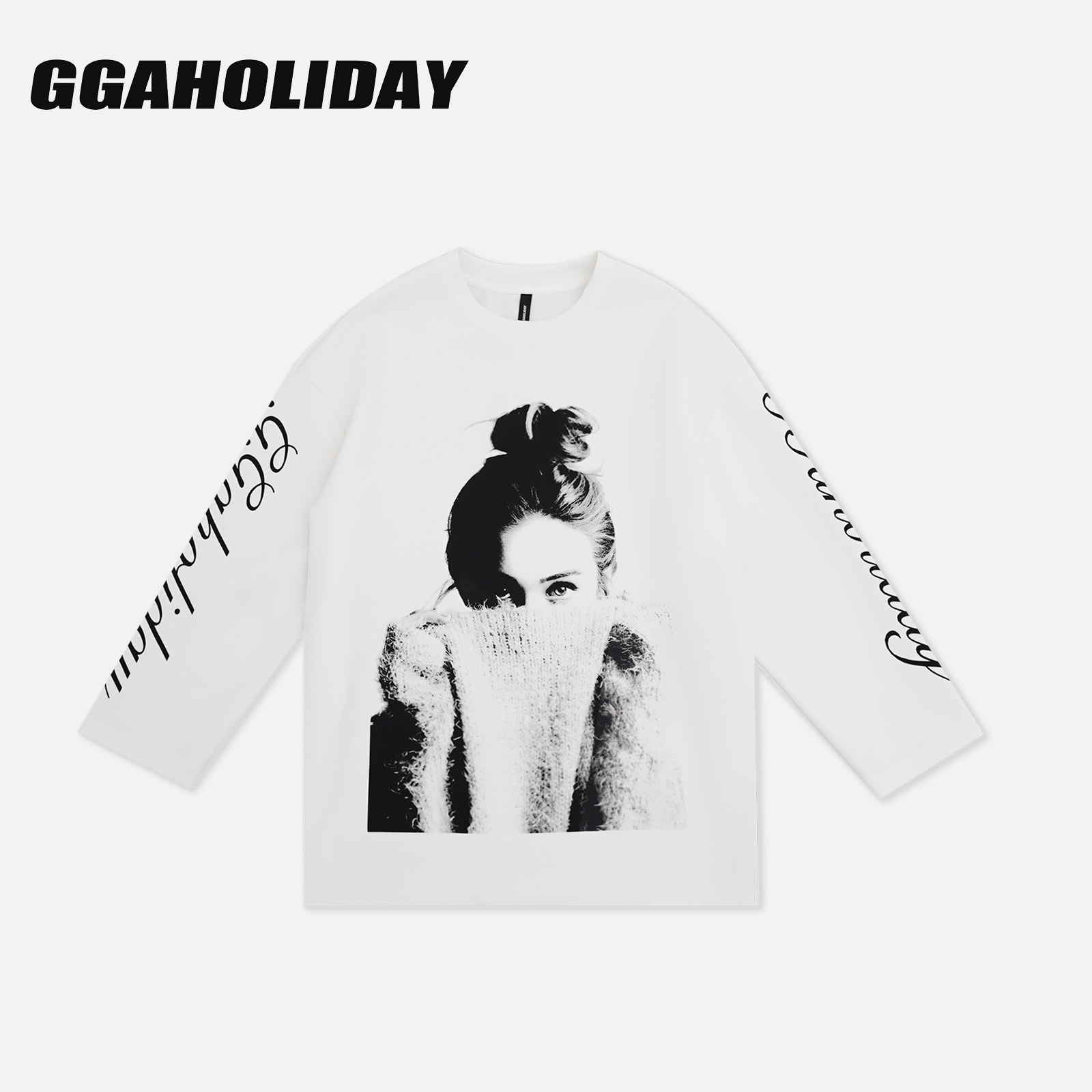 GGAHOLIDAY秋季宽松休闲白色街头个性百搭印花套头长袖T恤-153162