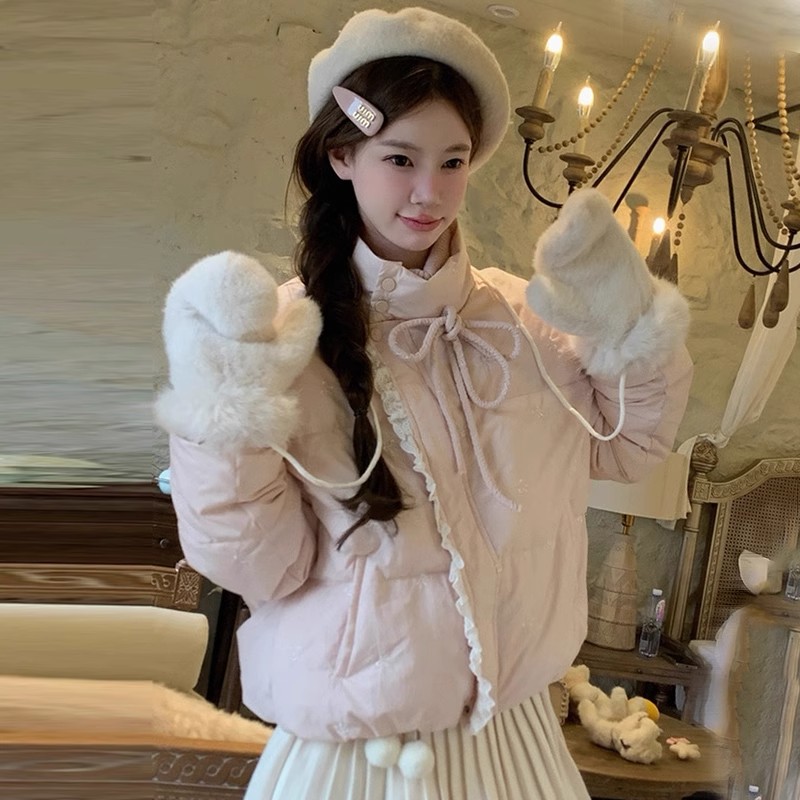 学院风浅粉色小个子棉服外套女冬季新款面包服短款宽松百搭棉衣女