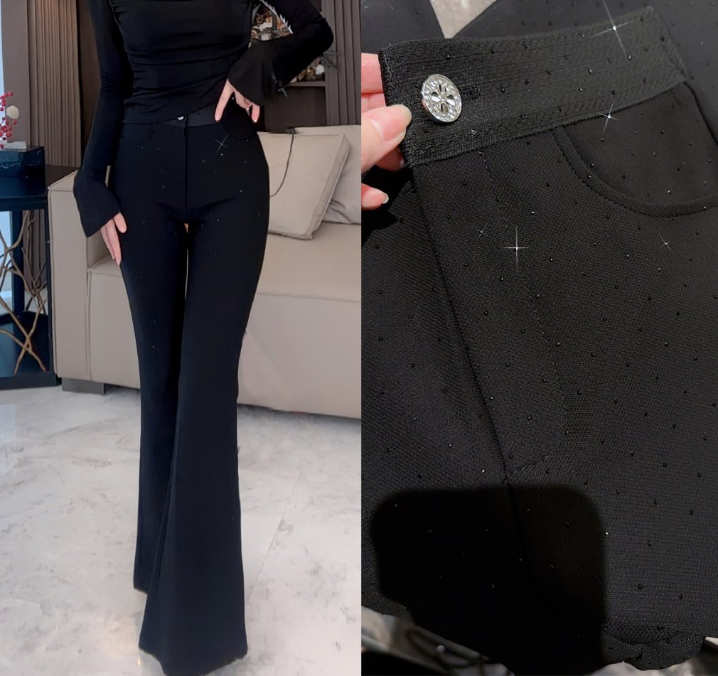 【小茵家】秋冬百搭高腰烫钻修身包臀喇叭裤休闲长裤微喇叭显瘦