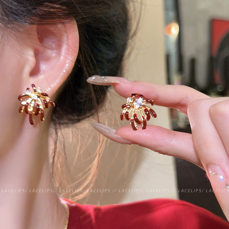 合金耳饰 闪钻耳钉女2025新款红色耳环高级感爆款新年耳饰冬