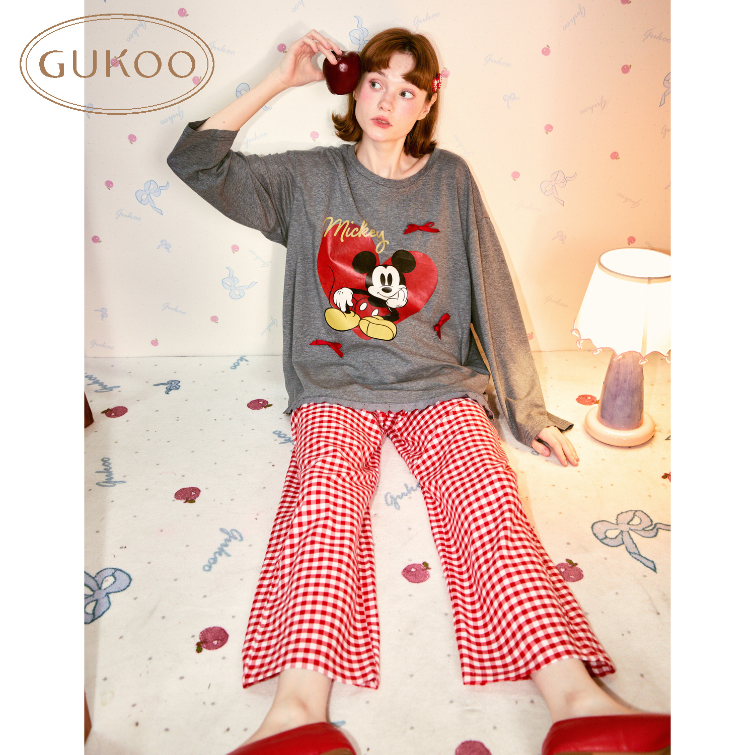 Gukoo果壳春季新品迪士尼米奇家族联名长袖红格纹纯棉家居服套装