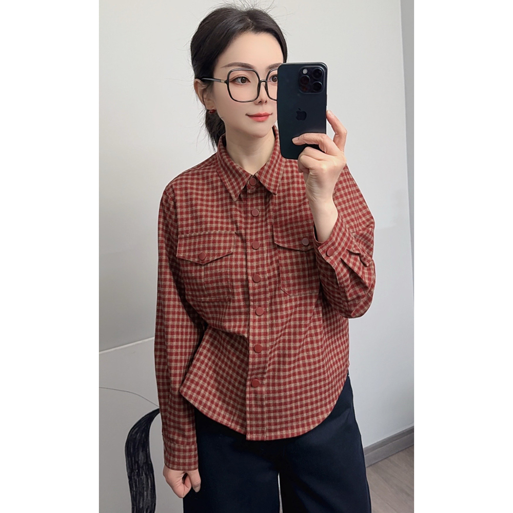 正肩150小个子磨毛格子冬季女短款减龄衬衫设计感上衣格子衬衫