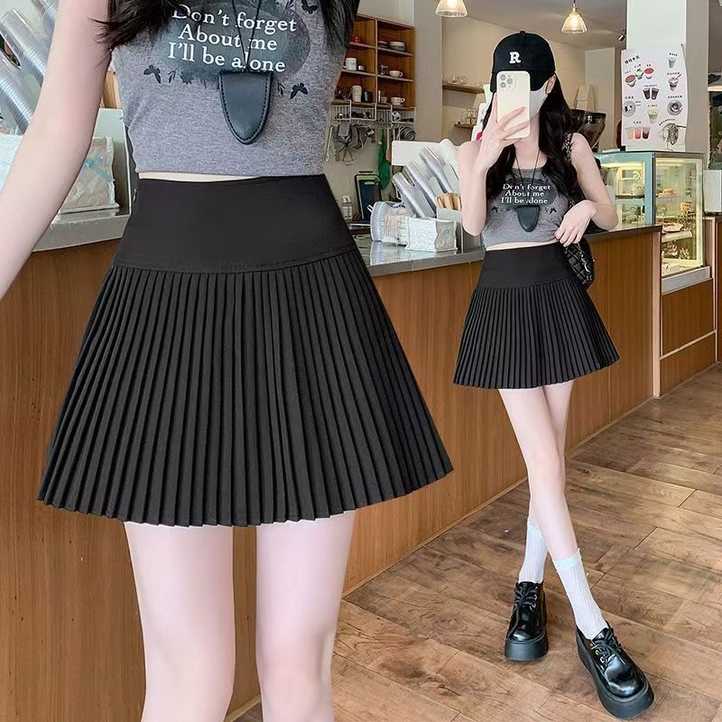 毛呢百褶裙女防走光高腰短裙可爱风A字半身裙小个子显瘦黑色大码