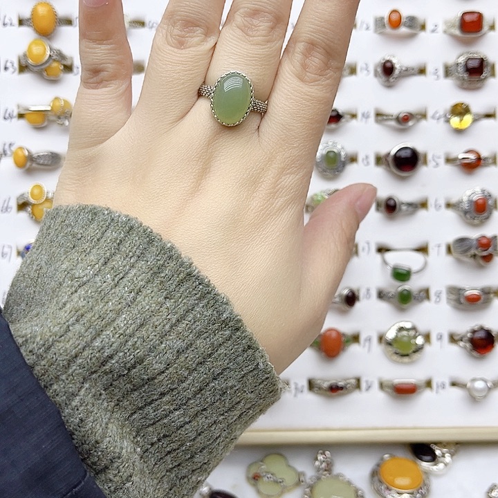 和田玉戒指银S925镶嵌天然