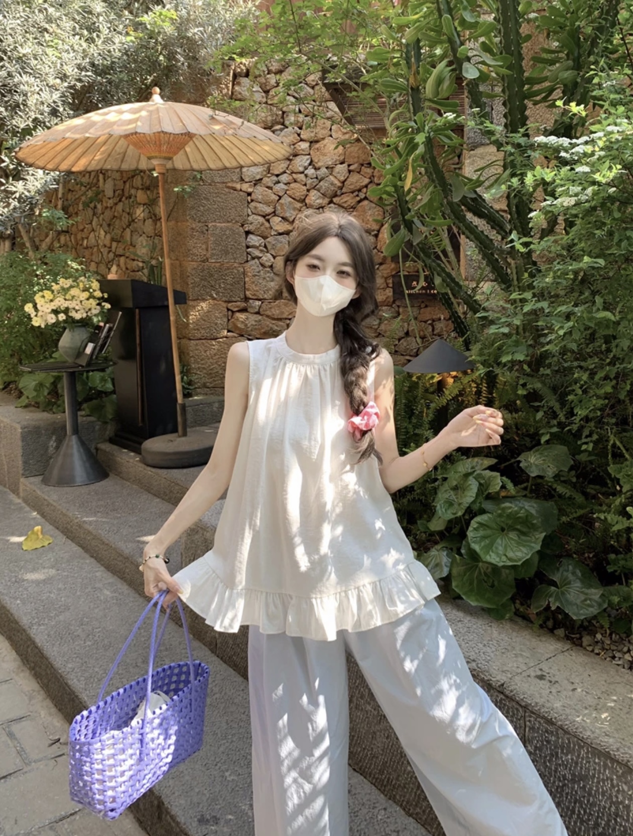 2025夏季新款法式荷叶边无袖短袖T桖减龄时尚宽松甜美百搭上衣