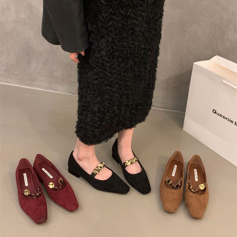 【3cm跟高】小个子法式粗跟复古通勤绒面单鞋女鞋子红色方头玛丽珍