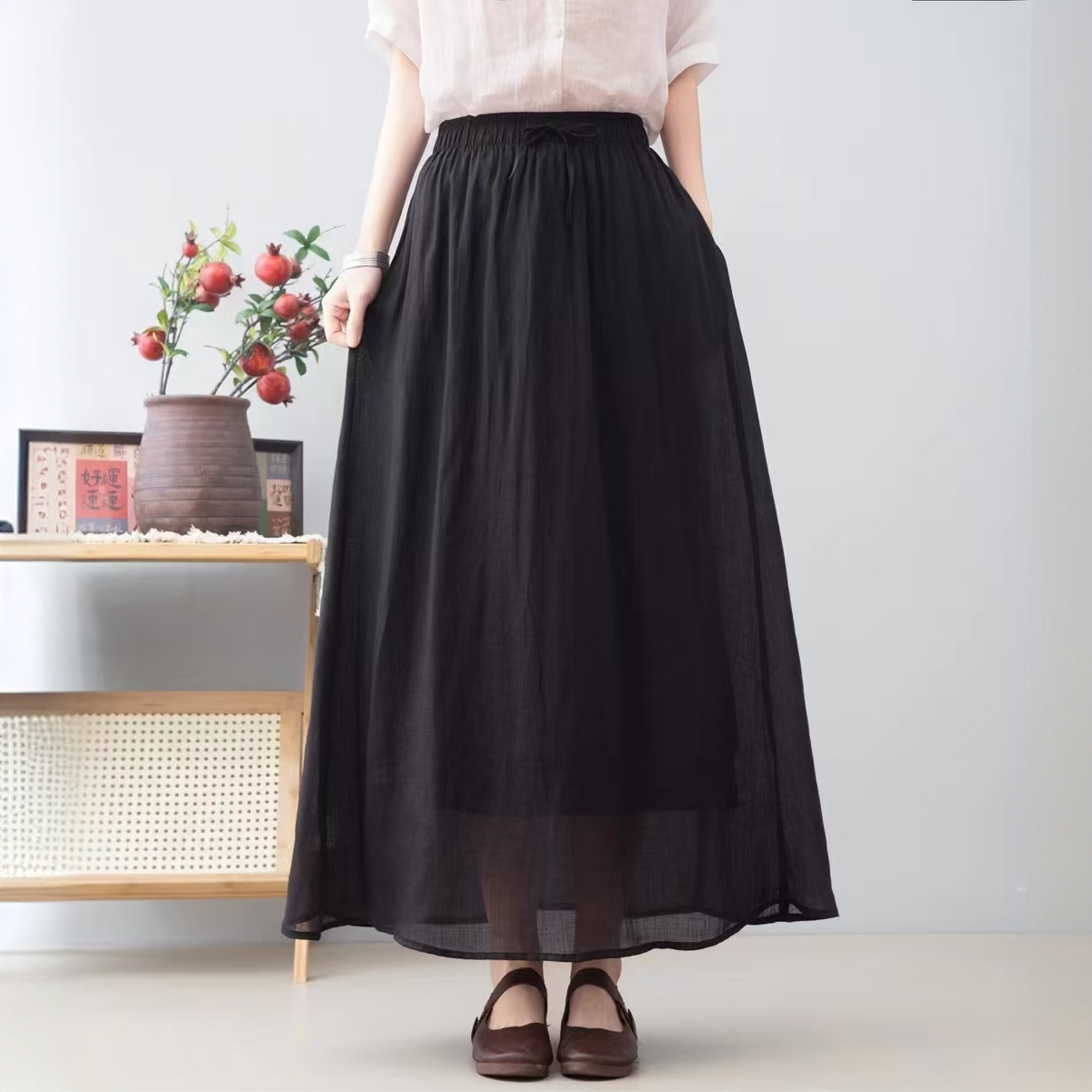 苎麻双层半身大摆裙  裙长88 腰口带抽绳 均码80-155可穿