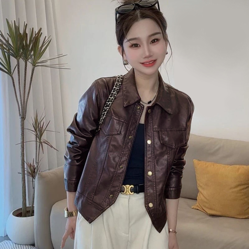 海宁复古上衣翻领港风机车秋冬新款皮衣女夹克外套A25-49