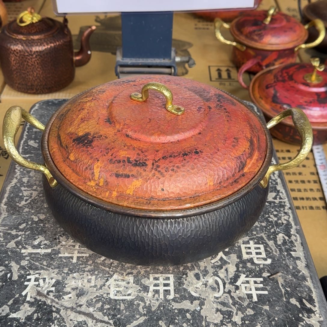 铜24cm电磁炉撞色黄铜把浅汤锅