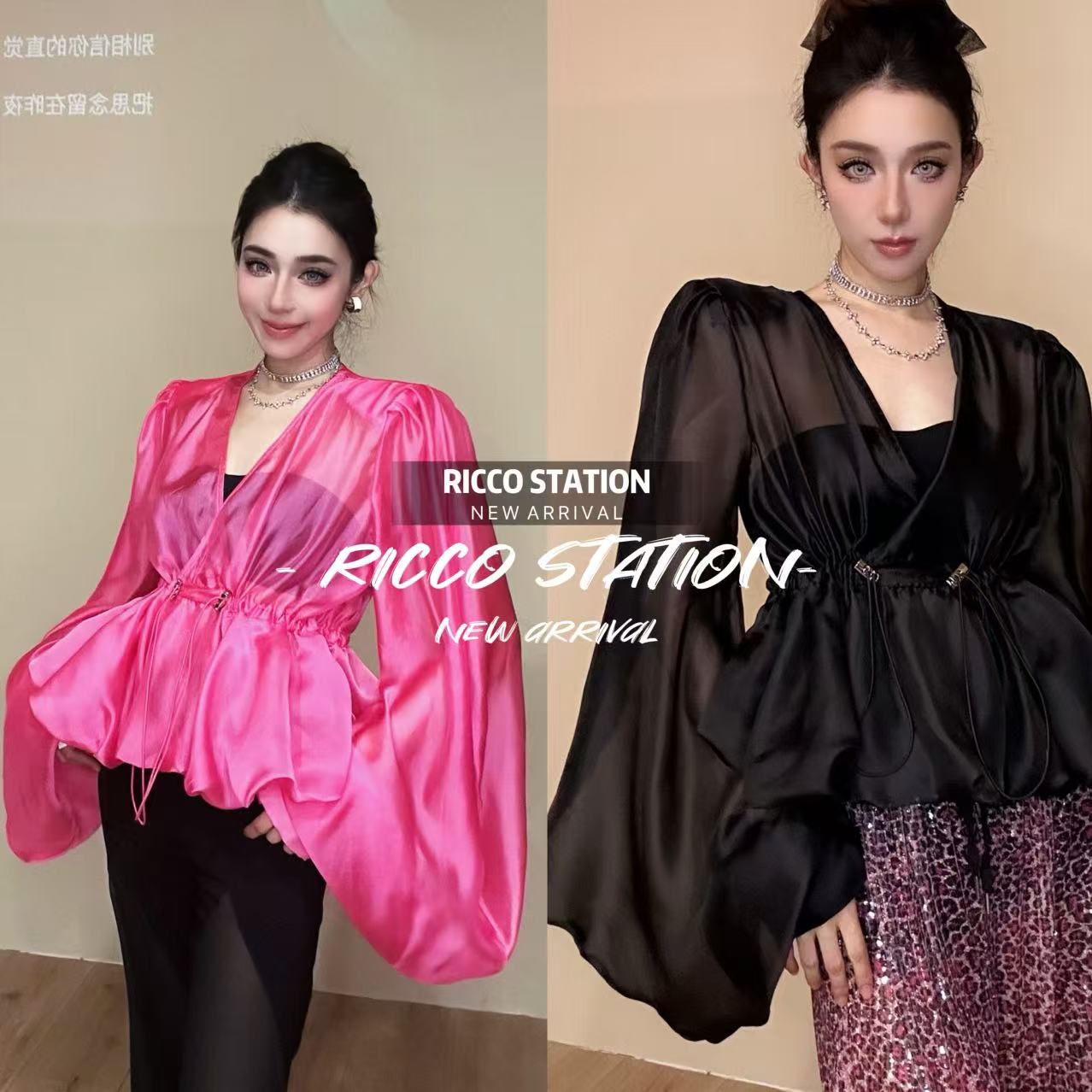 陈腰精CC设计师款重工灯笼袖V领雪纺衬衫网红炸街款名媛风轻奢风